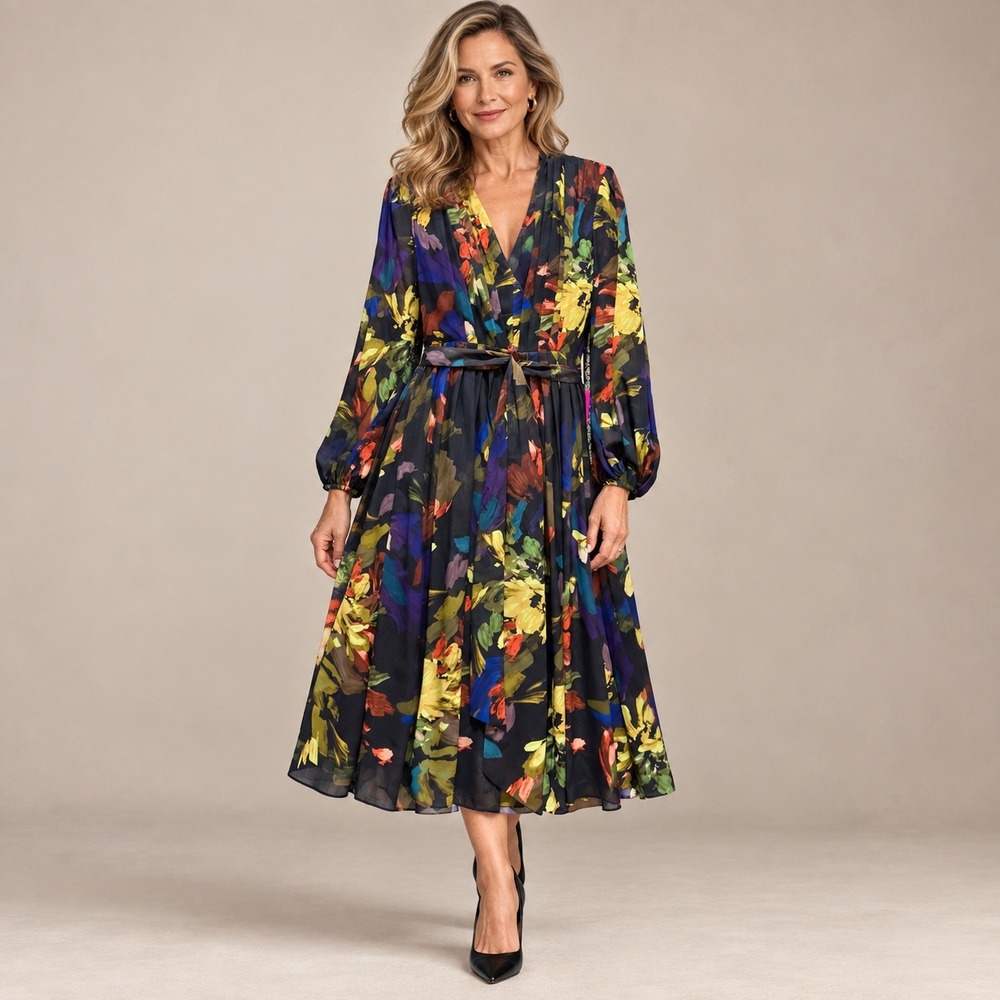 Alex Marie Midi Dress Womens 6P Navy Multi NWT Floral Hayden Print 60324DR0822